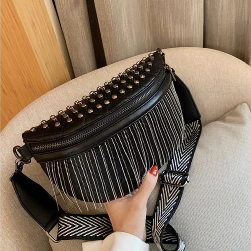 Black Studded Fringe Crossbody Bag